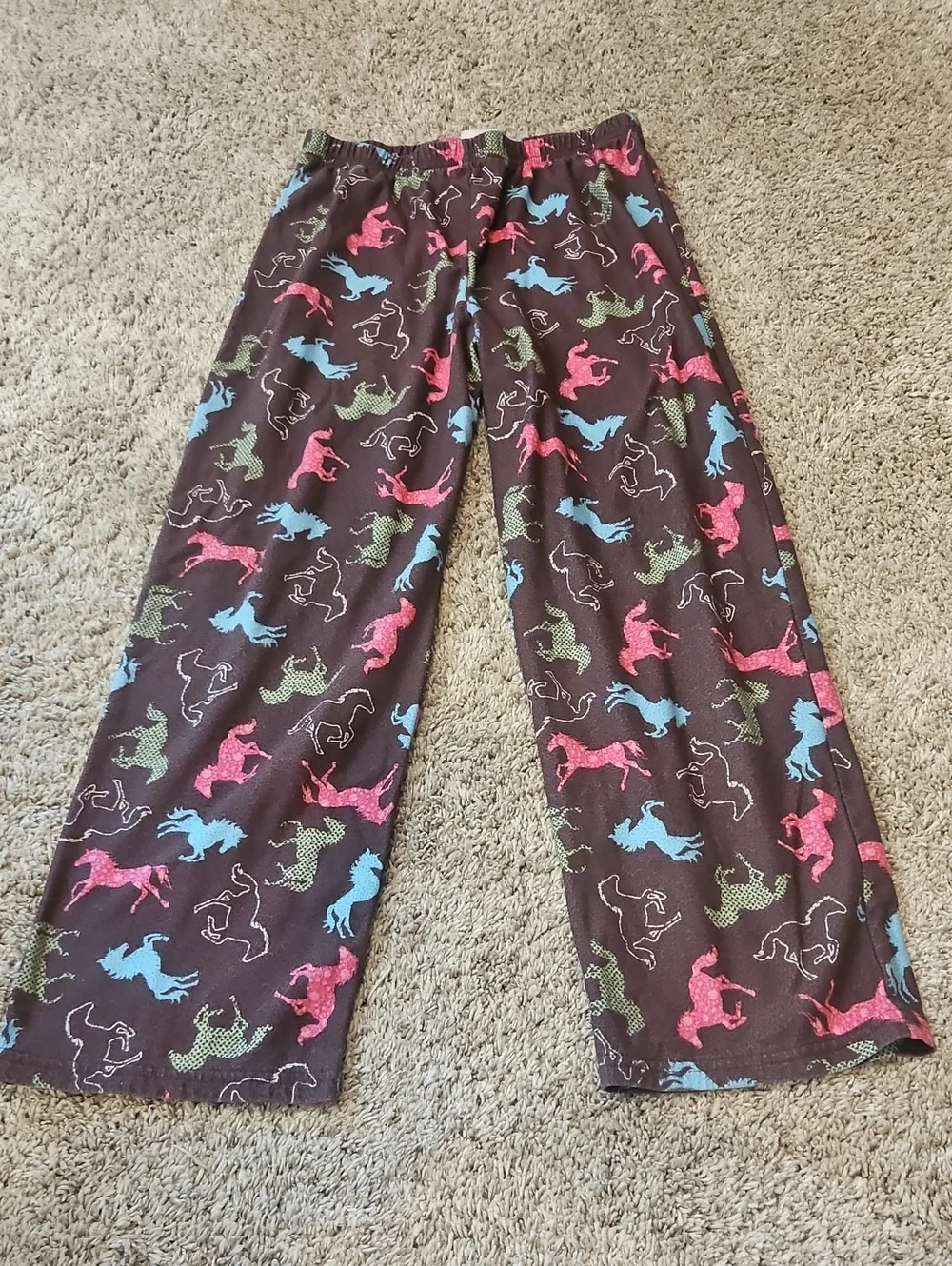 Kids Brown Horse-Print Pajama Pants in Pink Blue Green